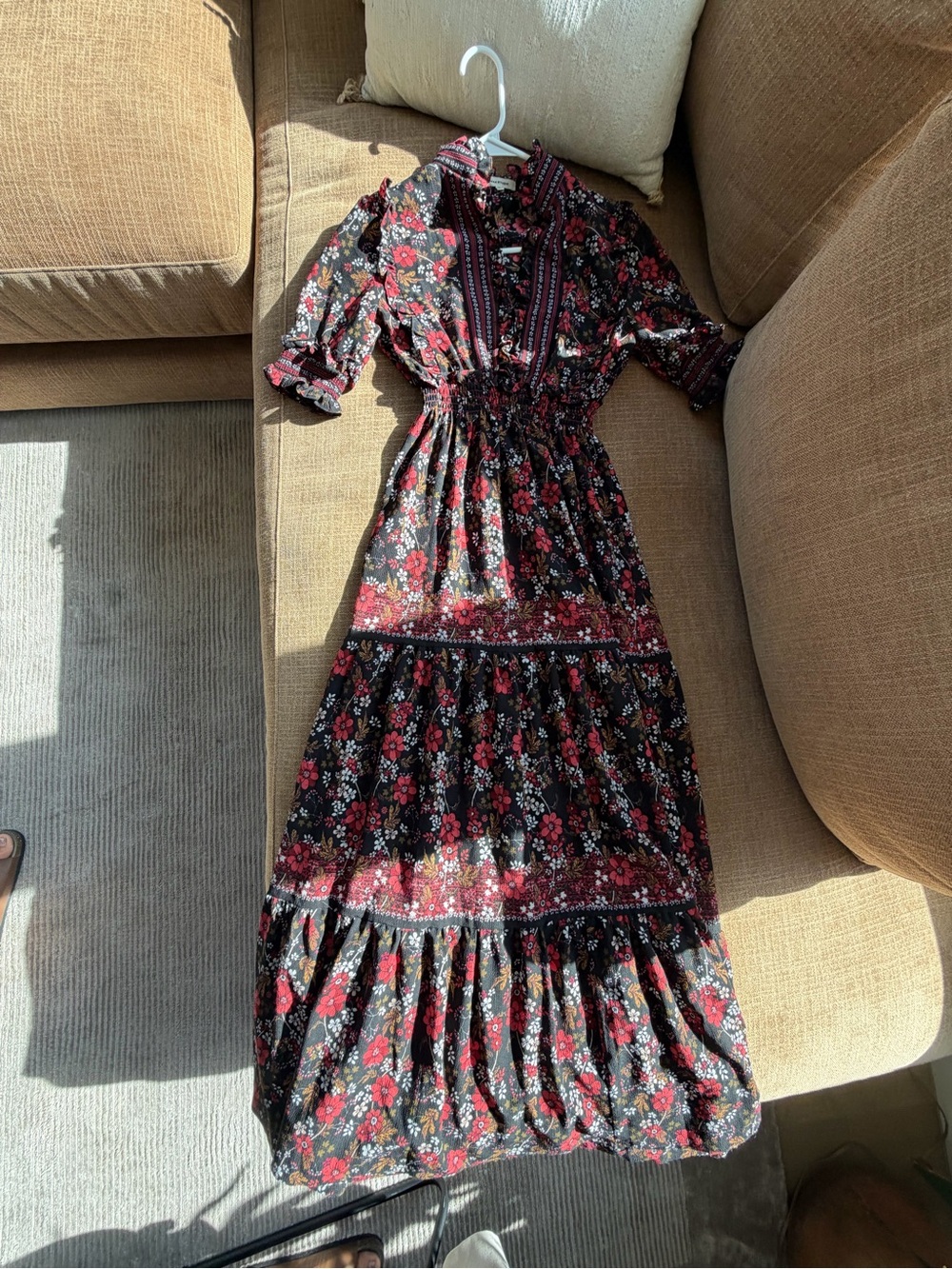 Max Studio Black Floral Tiered Maxi Dress with Red Accents
